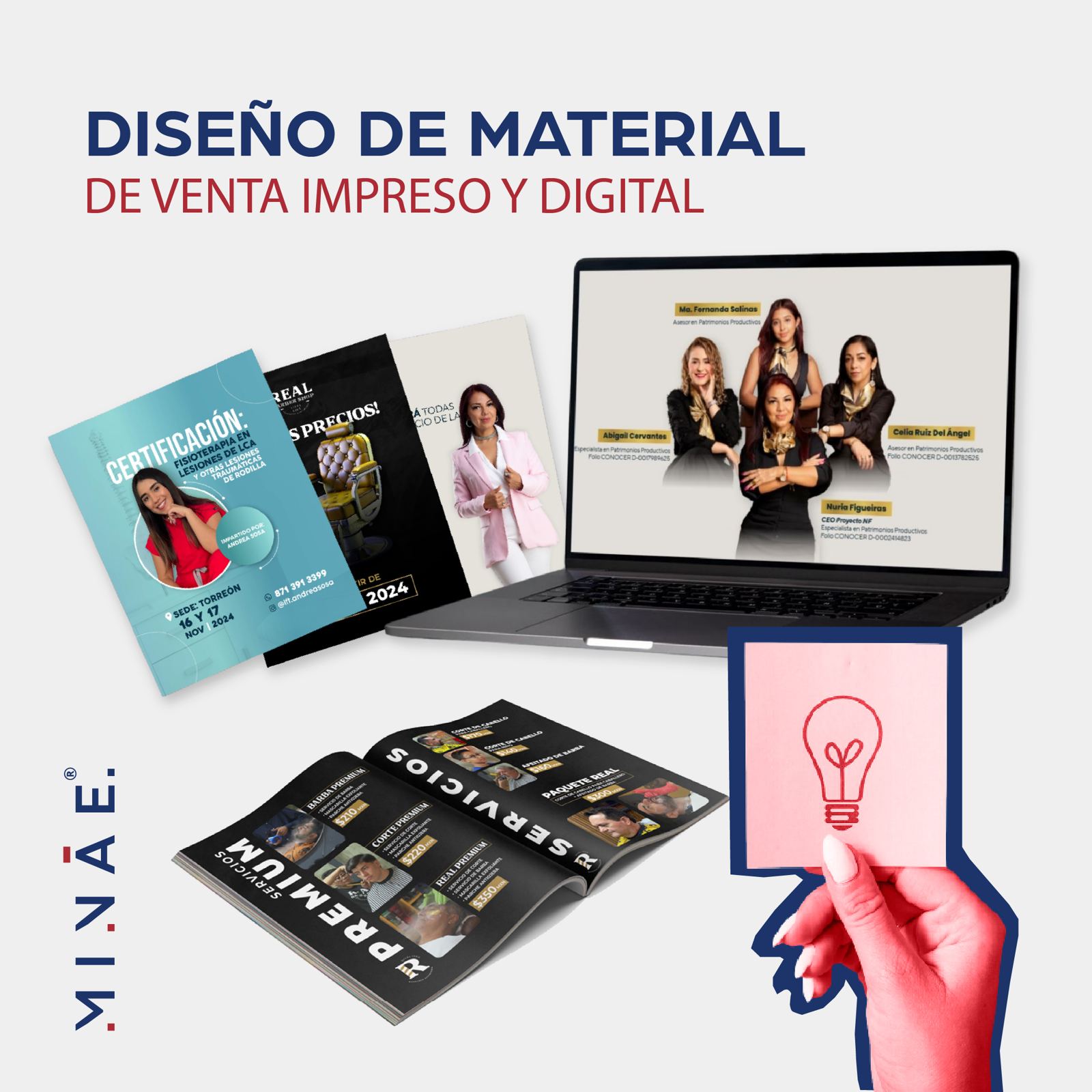 Diseño de material de venta impreso y digital de Minae MX