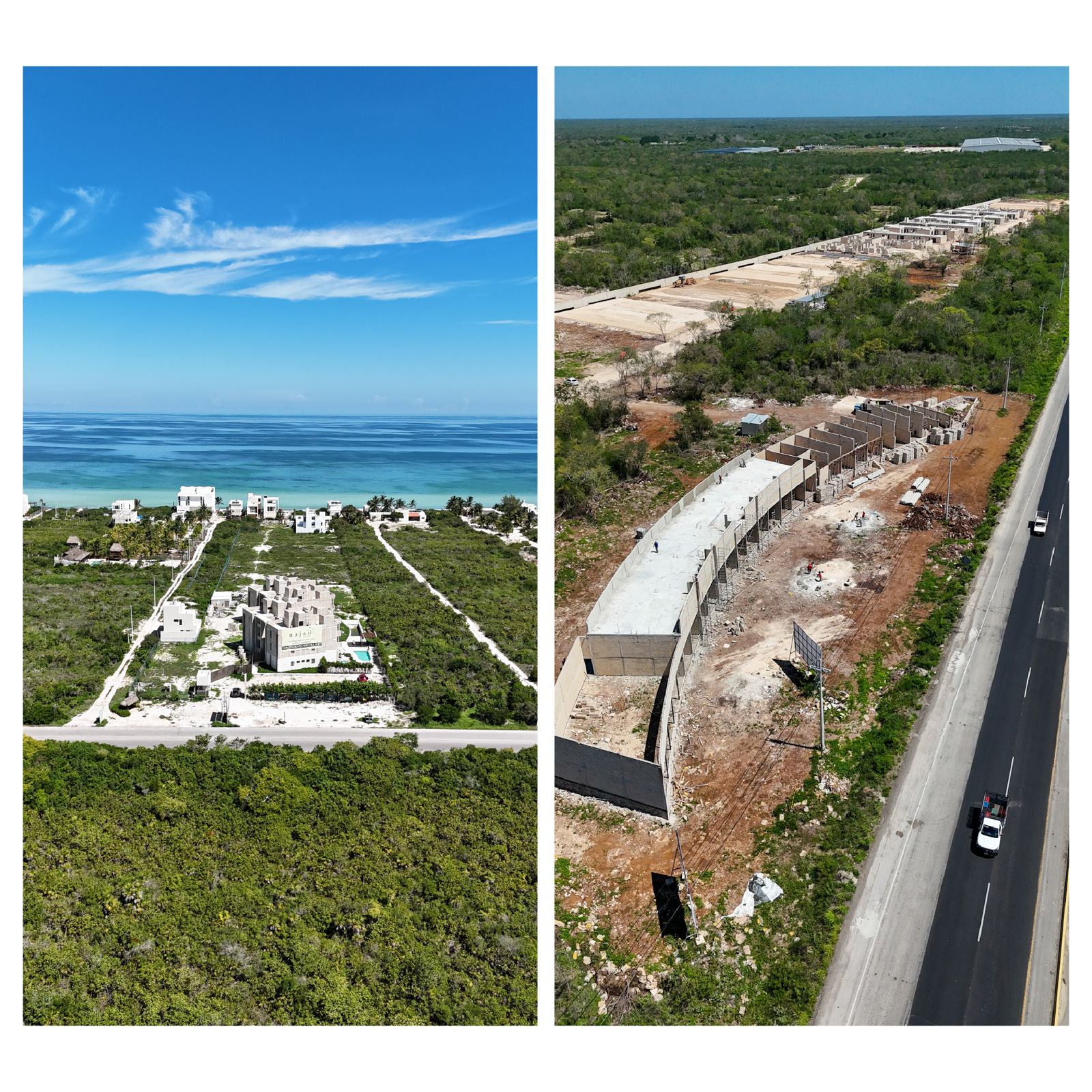 Vista aérea de un desarrollo en construcción frente a la costa de Yucatán